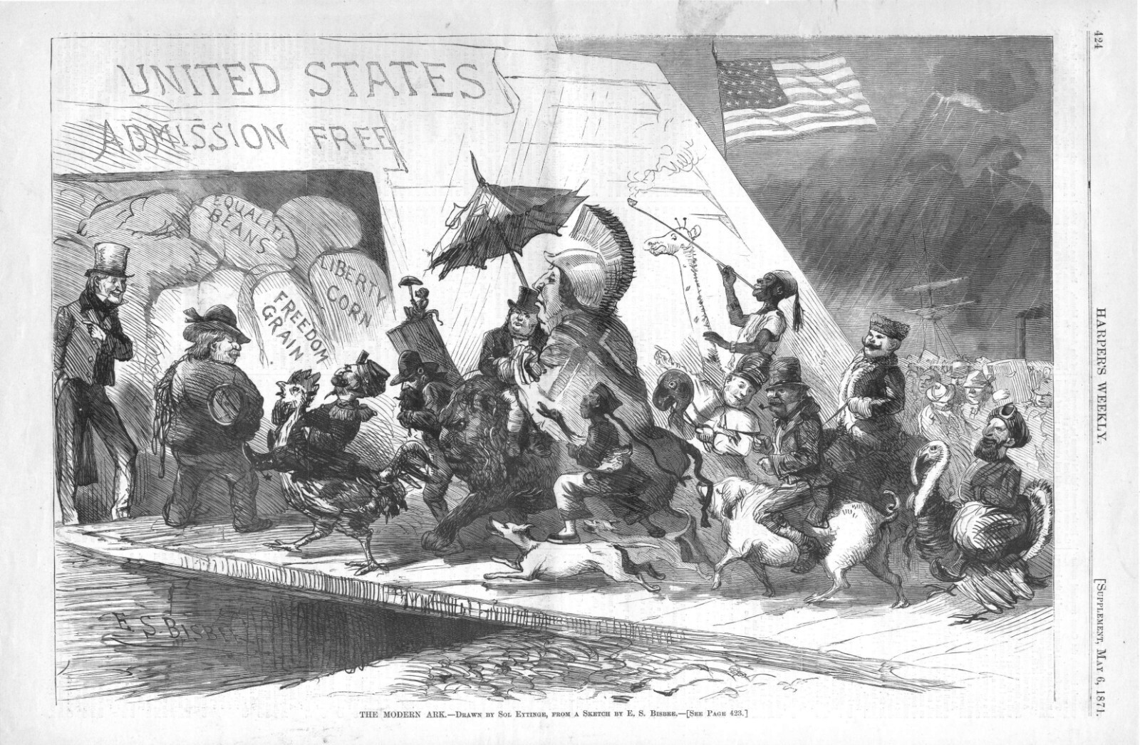 The Modern Ark – Immigration – Admission Free – Free Food – 1871 Antique Print