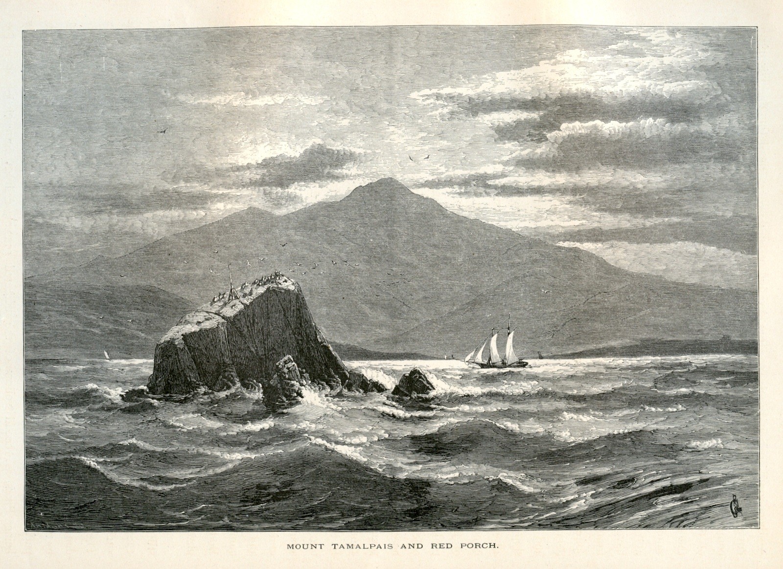 Mount Tamalpais California Antique 1872 Engraving Sailboat and Coastal Scene