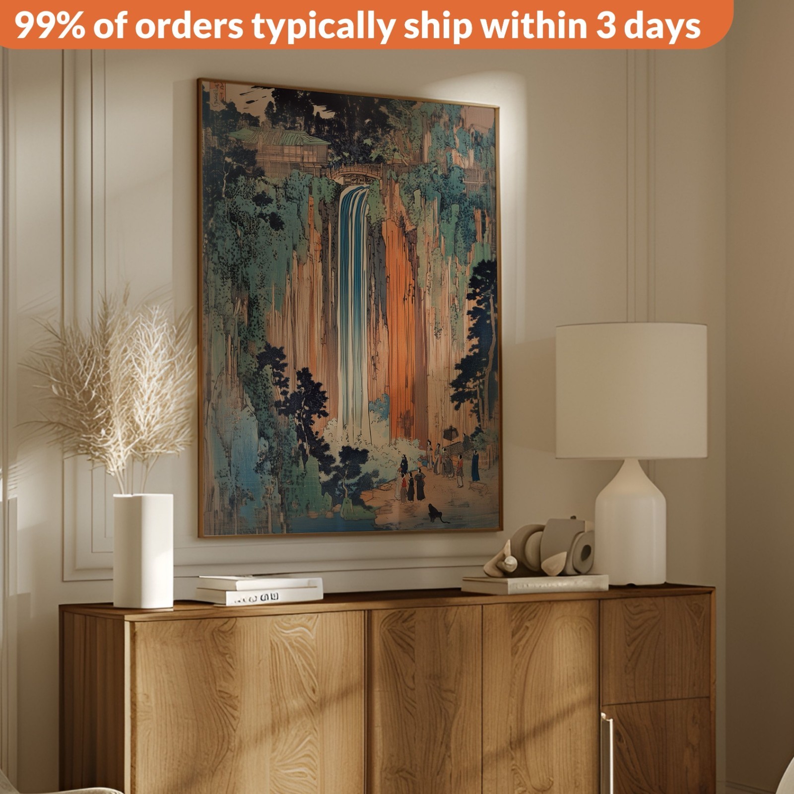 Traditional Hokusai Japanese Blue Orange Waterfall Fine Art Print