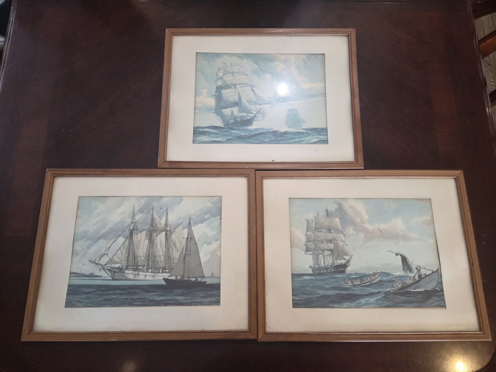 Set Of 3 Vintage GORDON GRANT Framed Ship Prints Nautical Ocean Voyage Boats