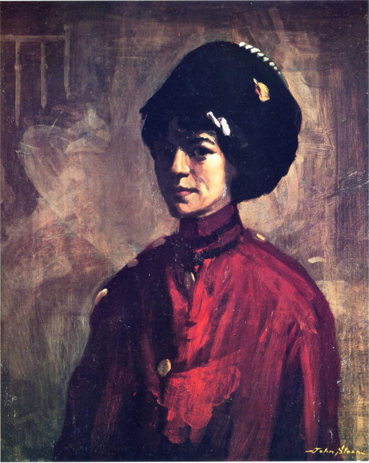 John French Sloan Spanish Girl Fur Hat Red Coat 1909 17″x 22″ Archival Art Print