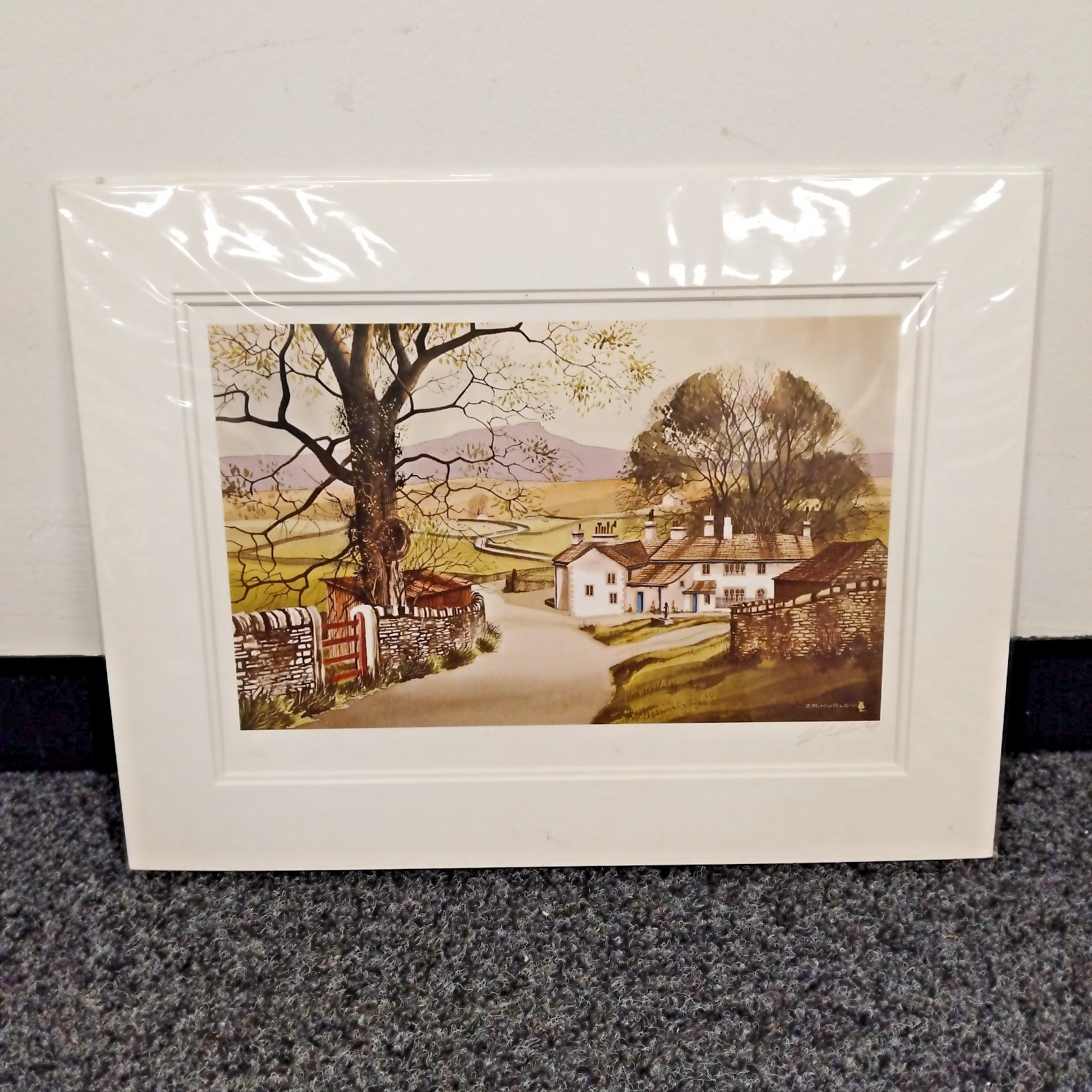 J. R. Hurley Signed Countryside Landscape Watercolour Print Mounted 50cm x 38cm