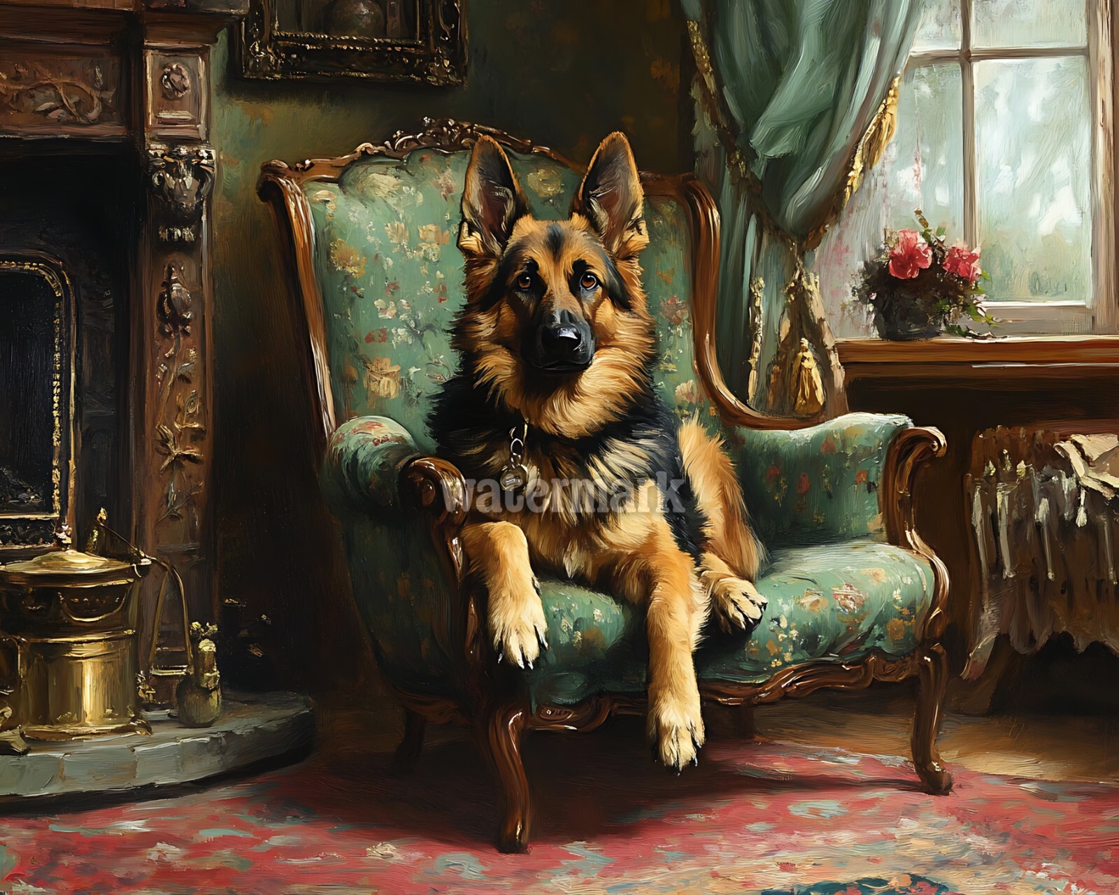 Victorian parlor with a German Shepherd oil Painting 8×10 Print