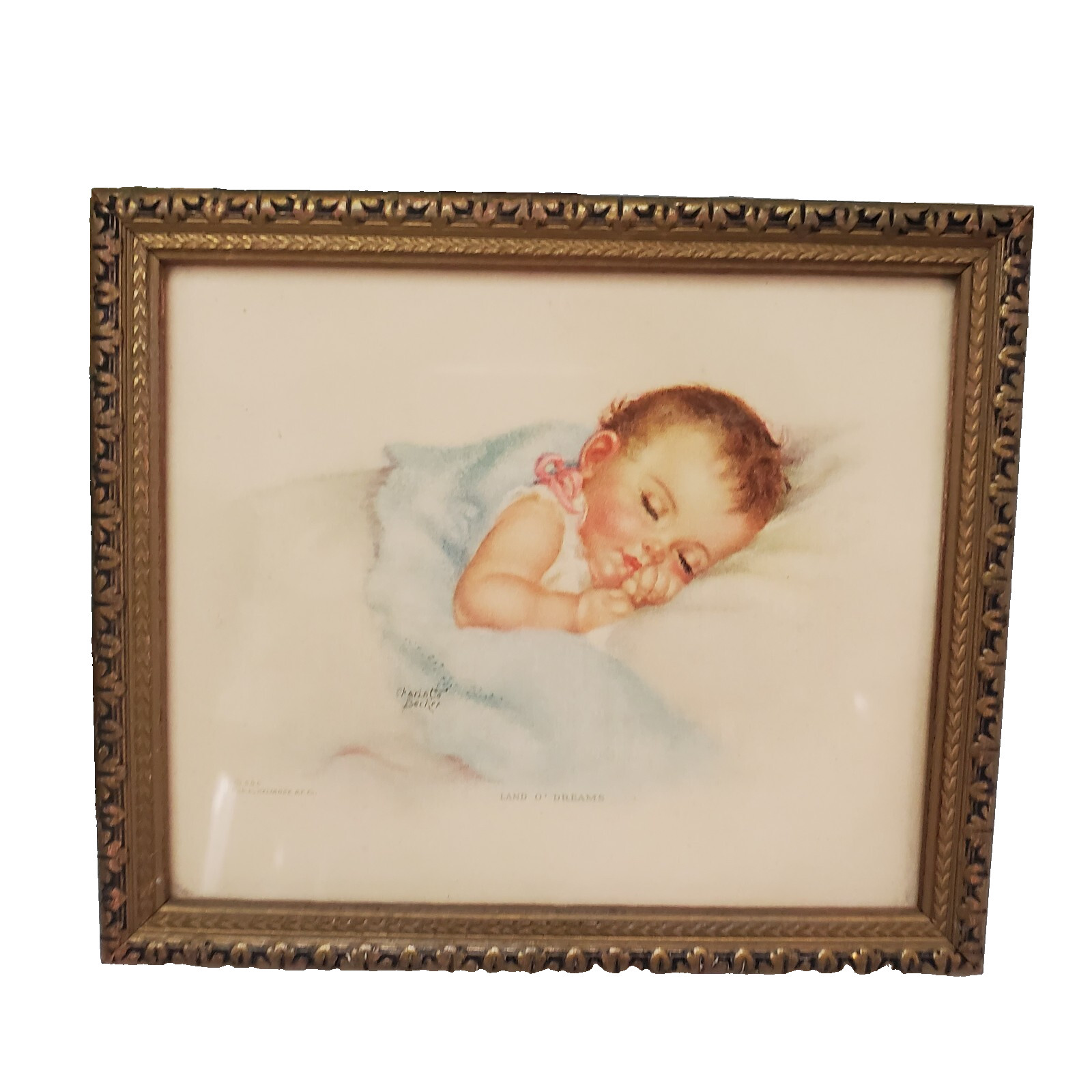Nursery Art Charlotte Becker LAND O’DREAMS Print in Antique Frame 5.5×6.5″