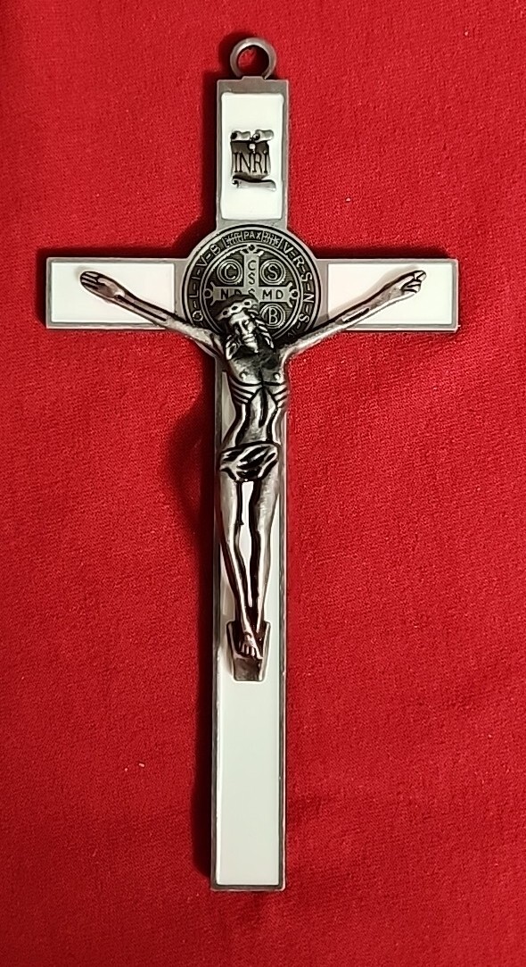 CHRISTIAN CATHOLIC ST. BENEDICT CRUCIFIX SILVER WHITE 7.5″ X3.5 Inches