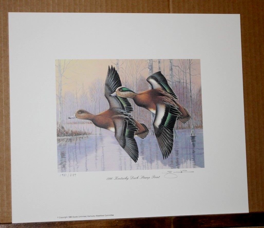 Wigeons 1990 Kentucky Duck Stamp Print with Stamp by Jim Oliver Waterfowl