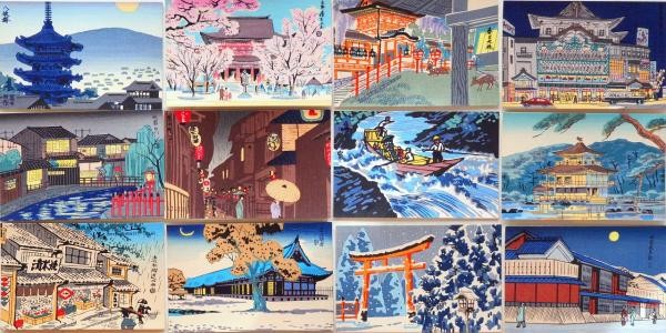 Tomikichiro Tokuriki Woodblock Print Postcards Kyoto Famous Places 12pc Set