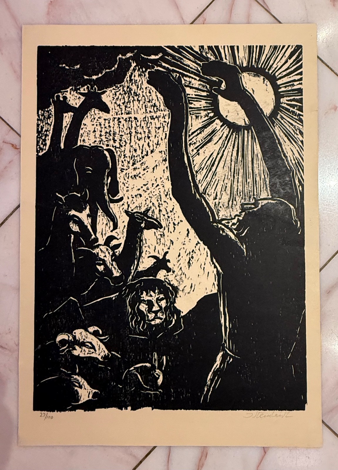 Steinhardt Signed ltd ed Woodcut Noah Blesses Animals Judaica israel Bible 1965