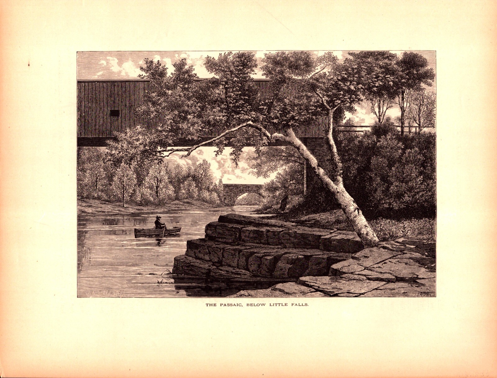PASSAIC, BELOW LITTLE FALLS, COVERED BRIDGE, NEW JERSEY Antique engraving 1874