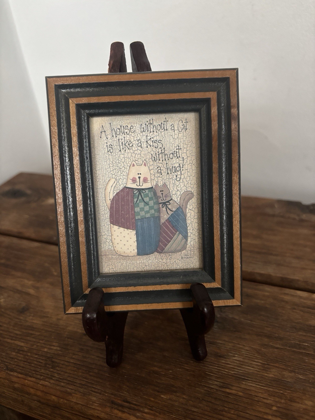 Vintage Framed Cat Print “ A House Without A Cat..” Folk Art Mini 4.5” Wood