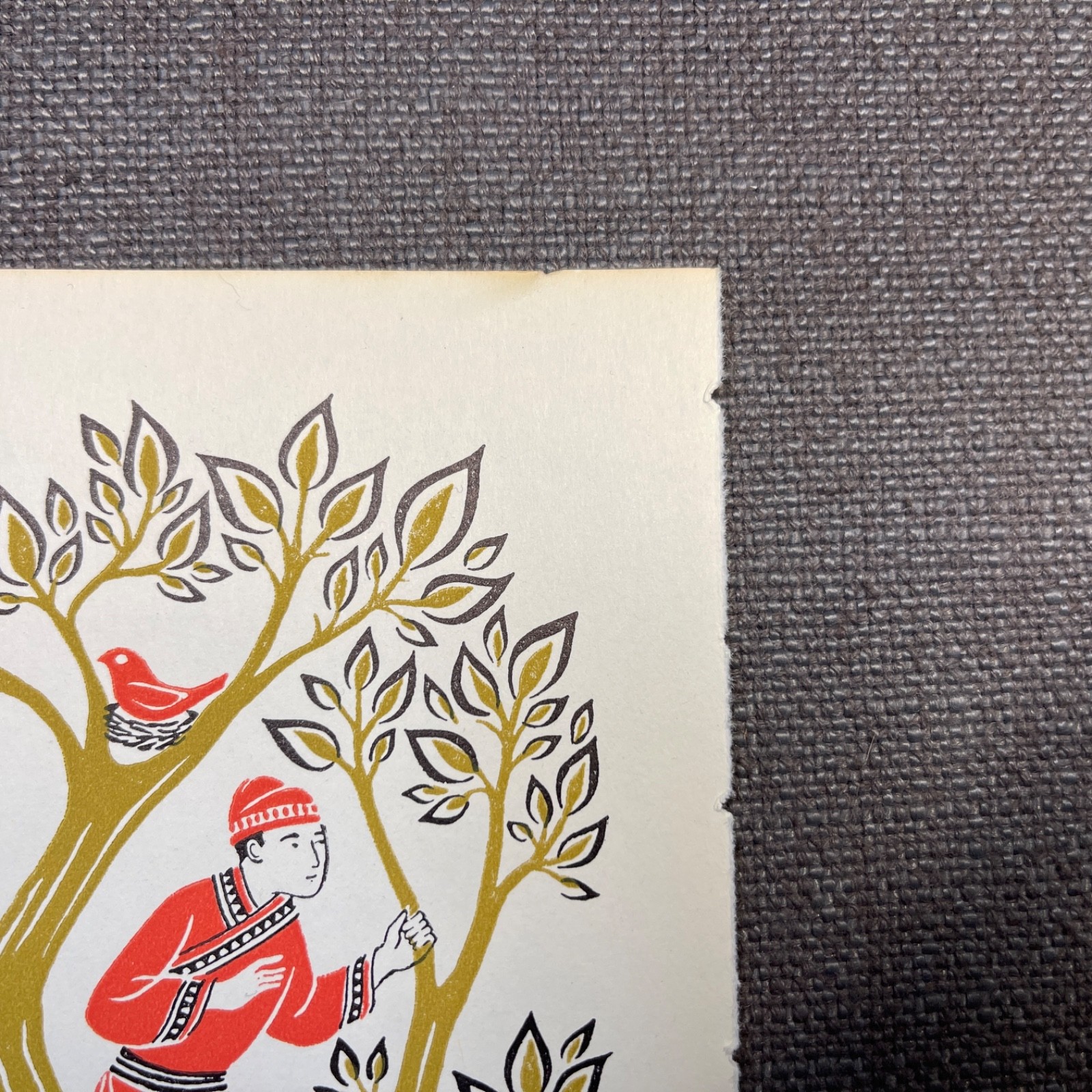 Vintage Book Page Art Print Chinese Fairy Tales Gold Red Black Man Tree Bird