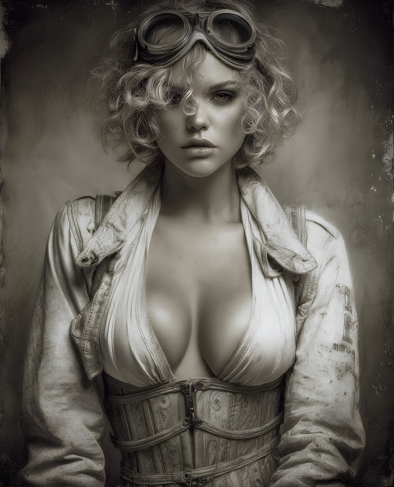 Monochrome Steampunk Pinup in Goggles and a Buckled Corset Print – 893568089