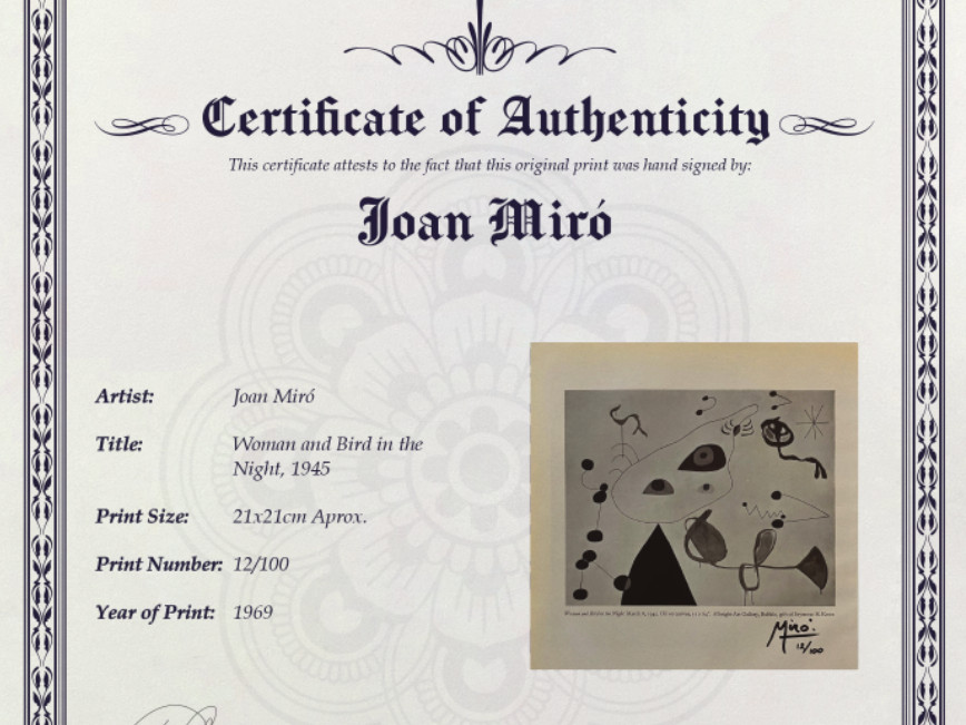 Joan Miró Original signed Print, COA and Appraisal for $3,500 USD*.-