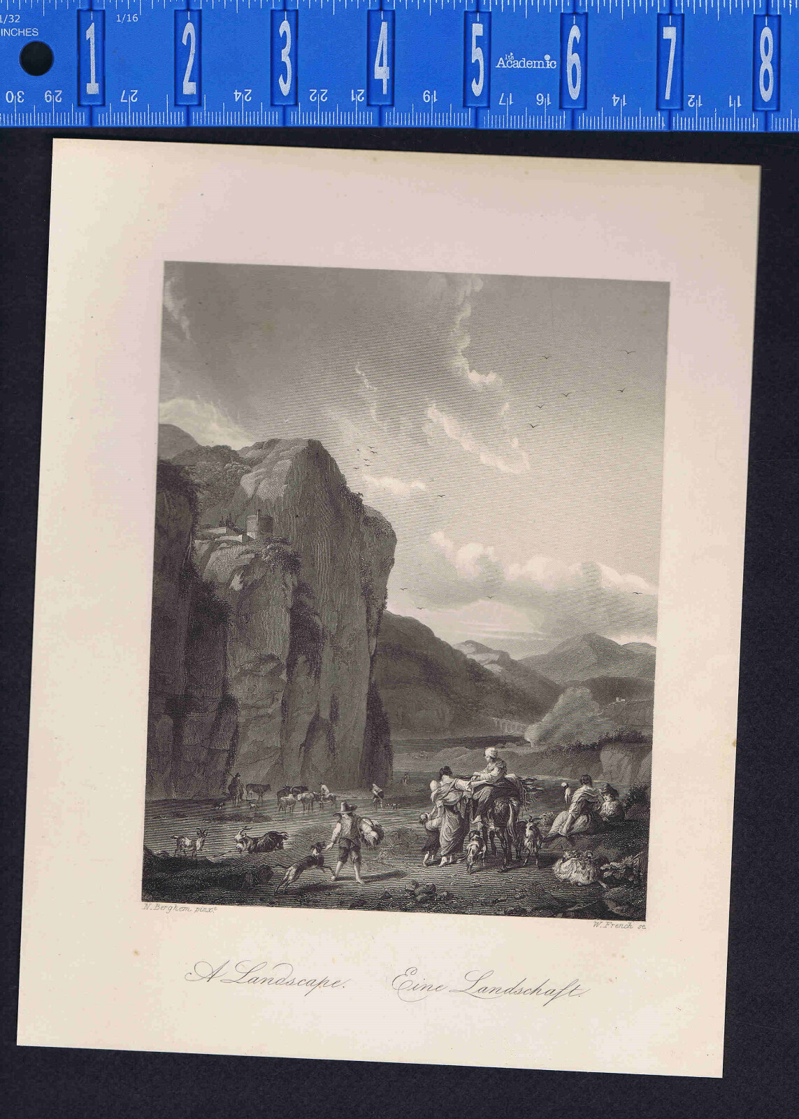 River Landscape, Goats, Dogs, Farmers, Cattle by Nicholas Berchem-1850 Engraving