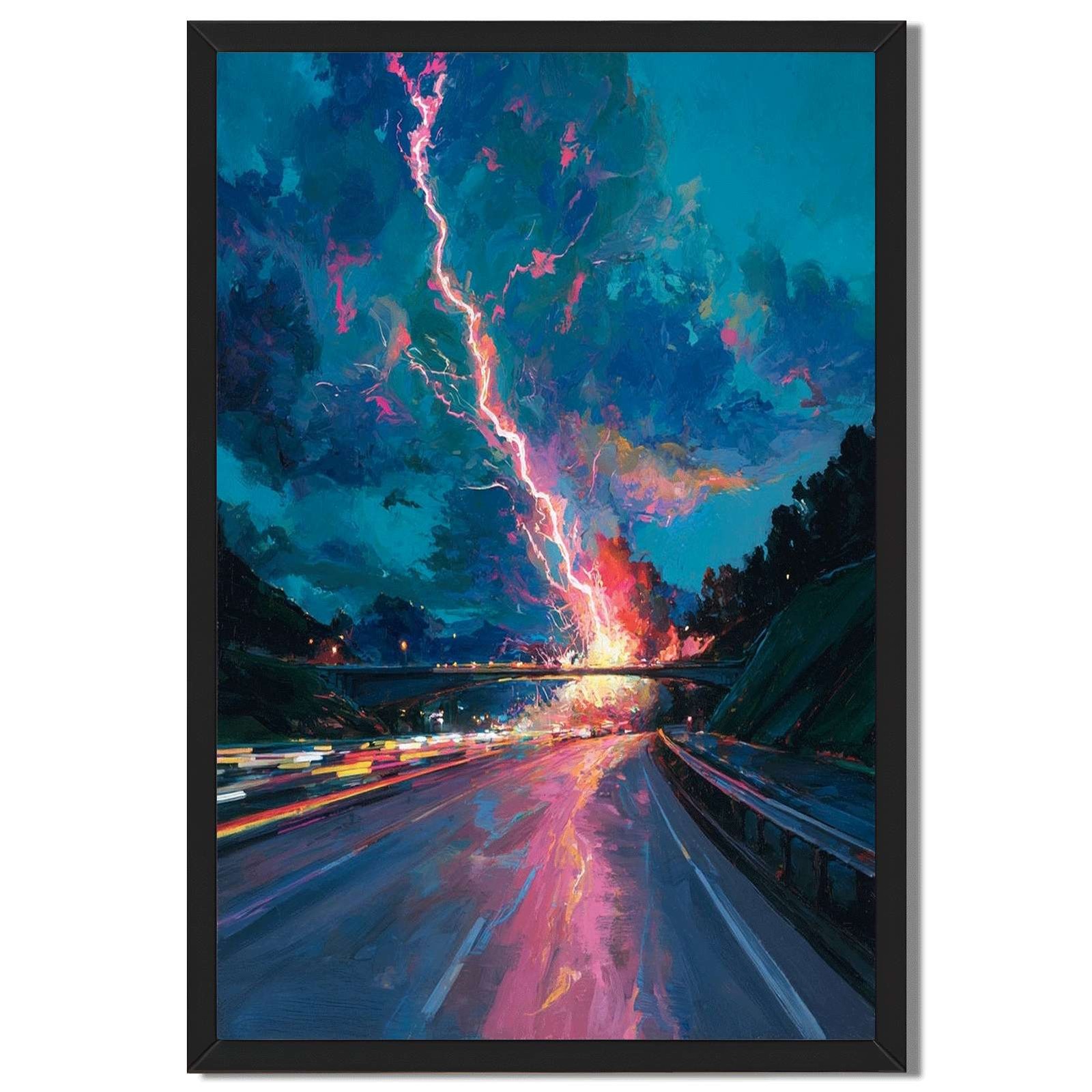 Stormy Lightning Road Framed Canvas Print Modern Wall Art Painting Home
