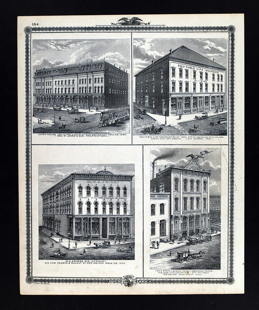 1875 Iowa Atlas Print Des Moines Commercial Architecture Building Polk County IA