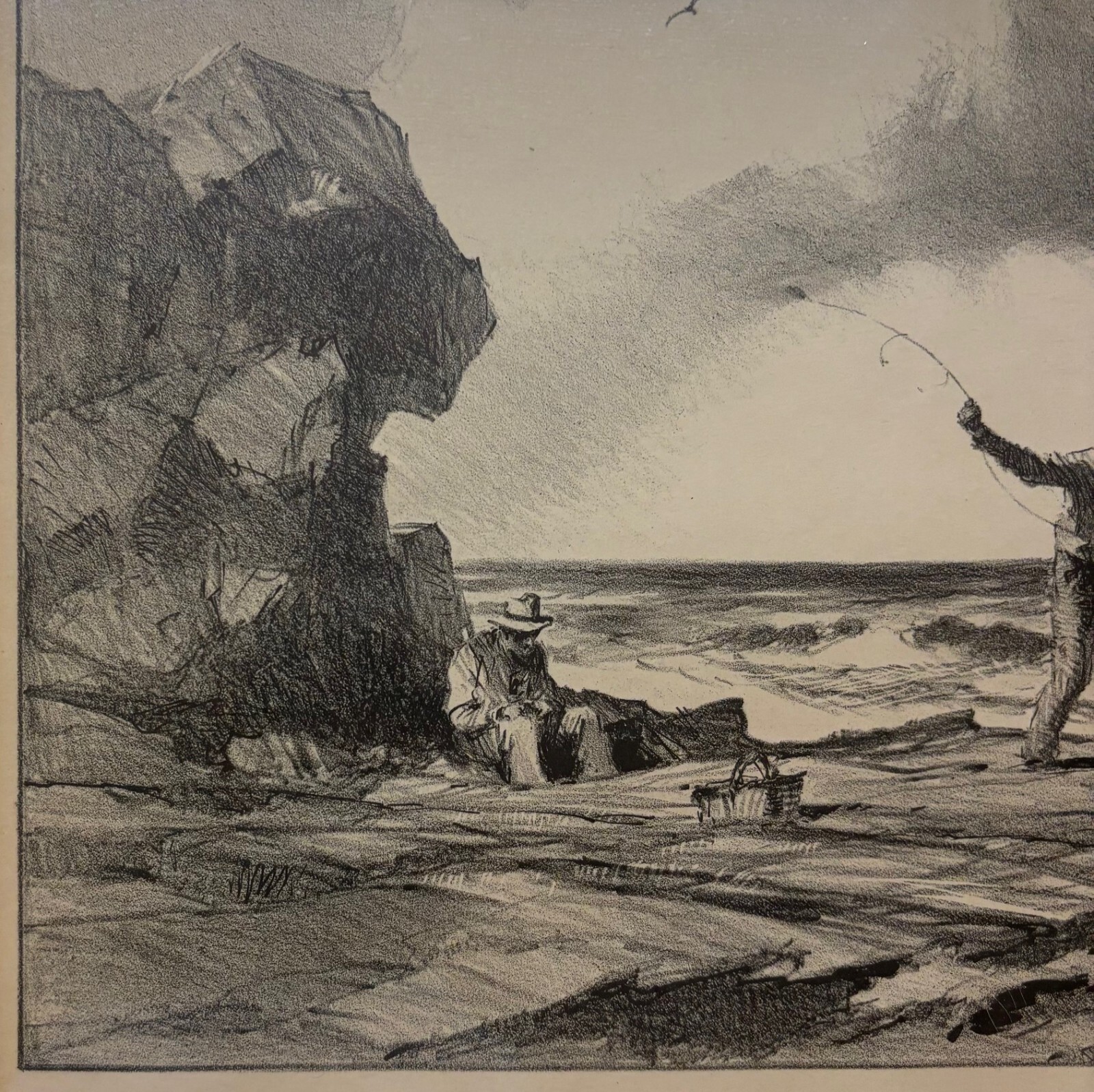 Original AAA GORDON GRANT ‘Rock Fisherman’ SIGNED Fishing Seascape Lithograph