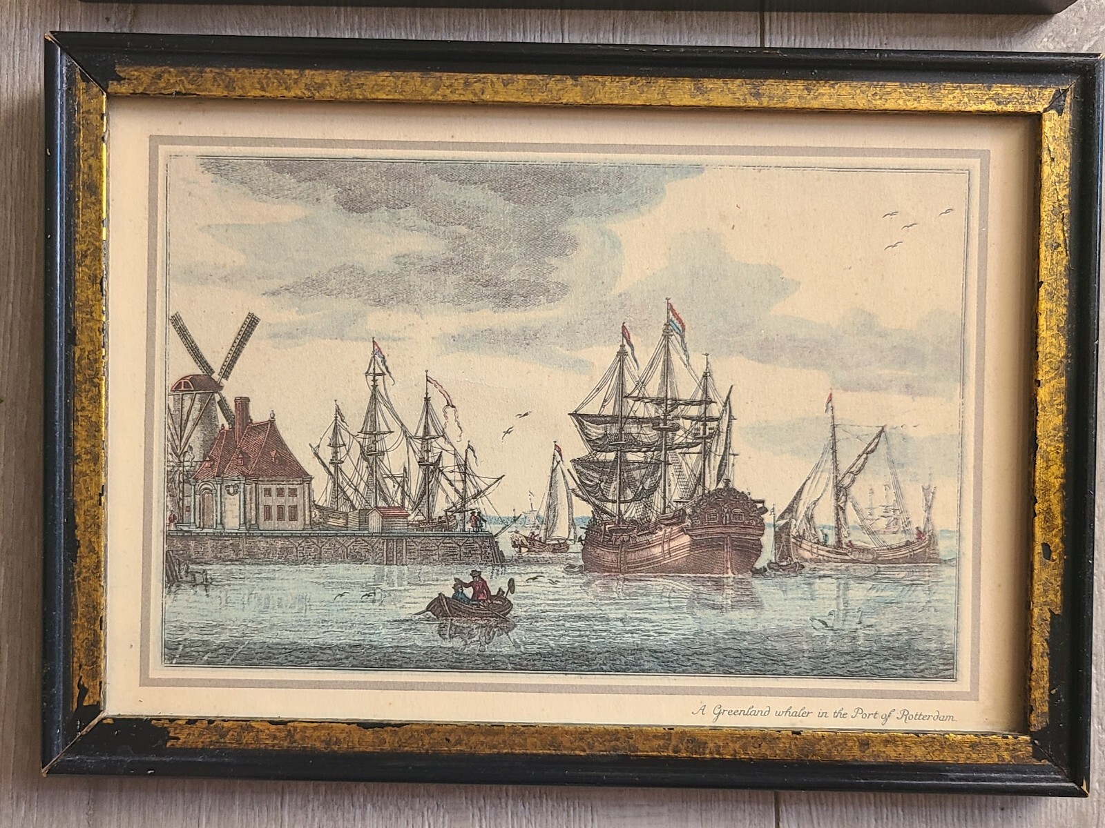 Dutch Maritime Etchings Pair Framed Ship Antique 18th C Nautical Art 6×9 colored