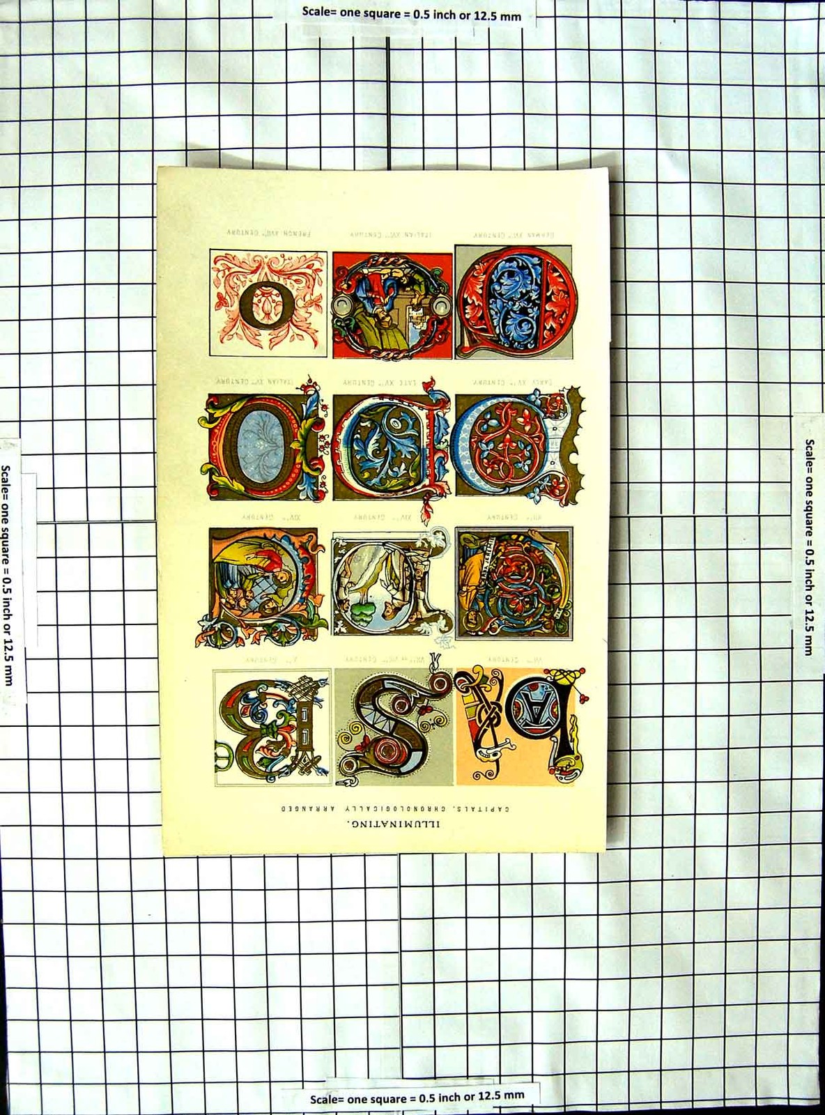 Old Antique Print C1790-C1900 Capitals Caligraphy Letters French Italian 18th