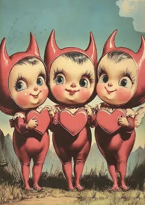 little DEVIL dolls BIG EYE cutie Medium Rolled Canvas Print – retro Kewpie LOVE