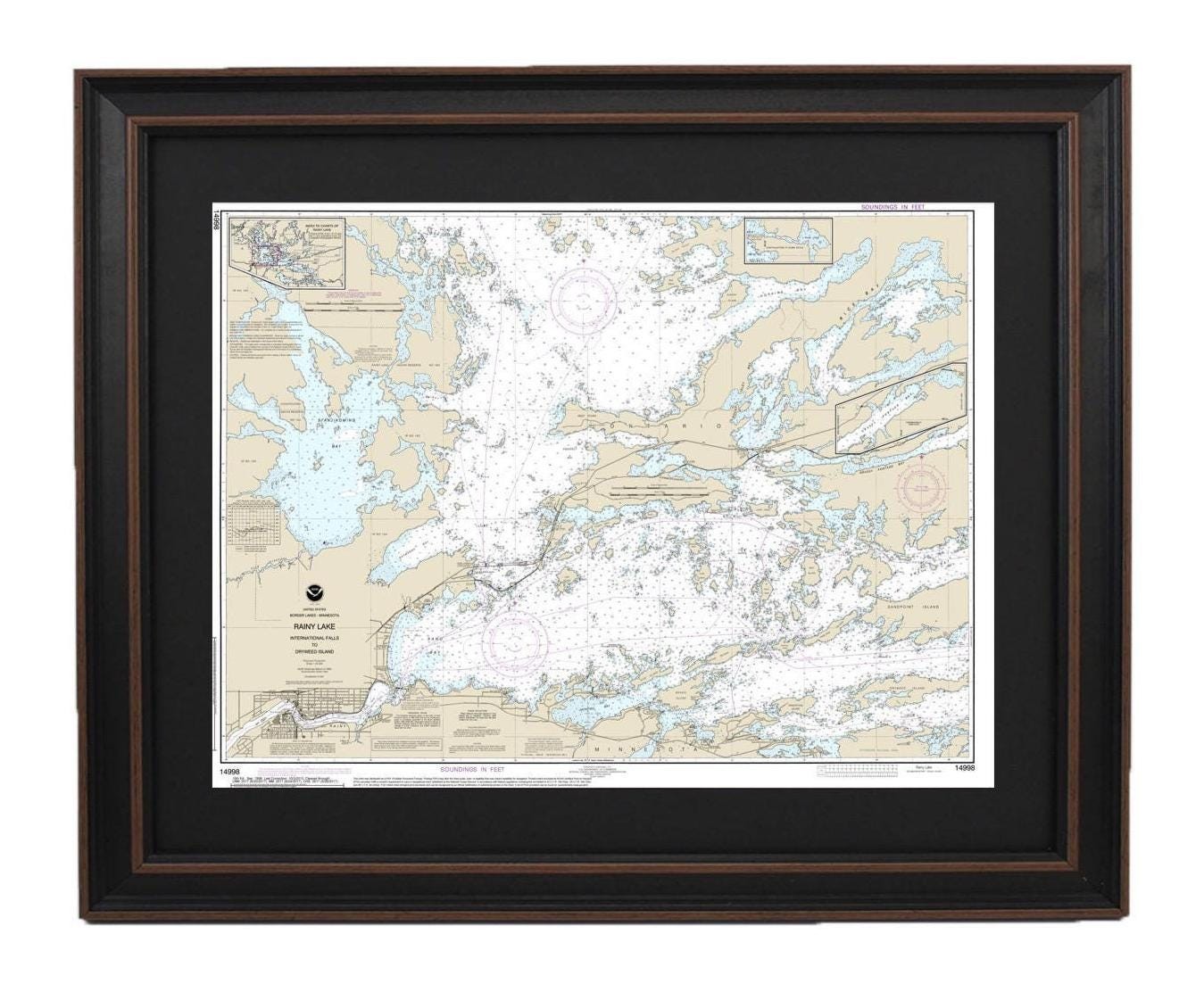 Framed Nautical Chart 14998 – Rainy Lake, Minnesota NOAA 14998. Handmade in USA.