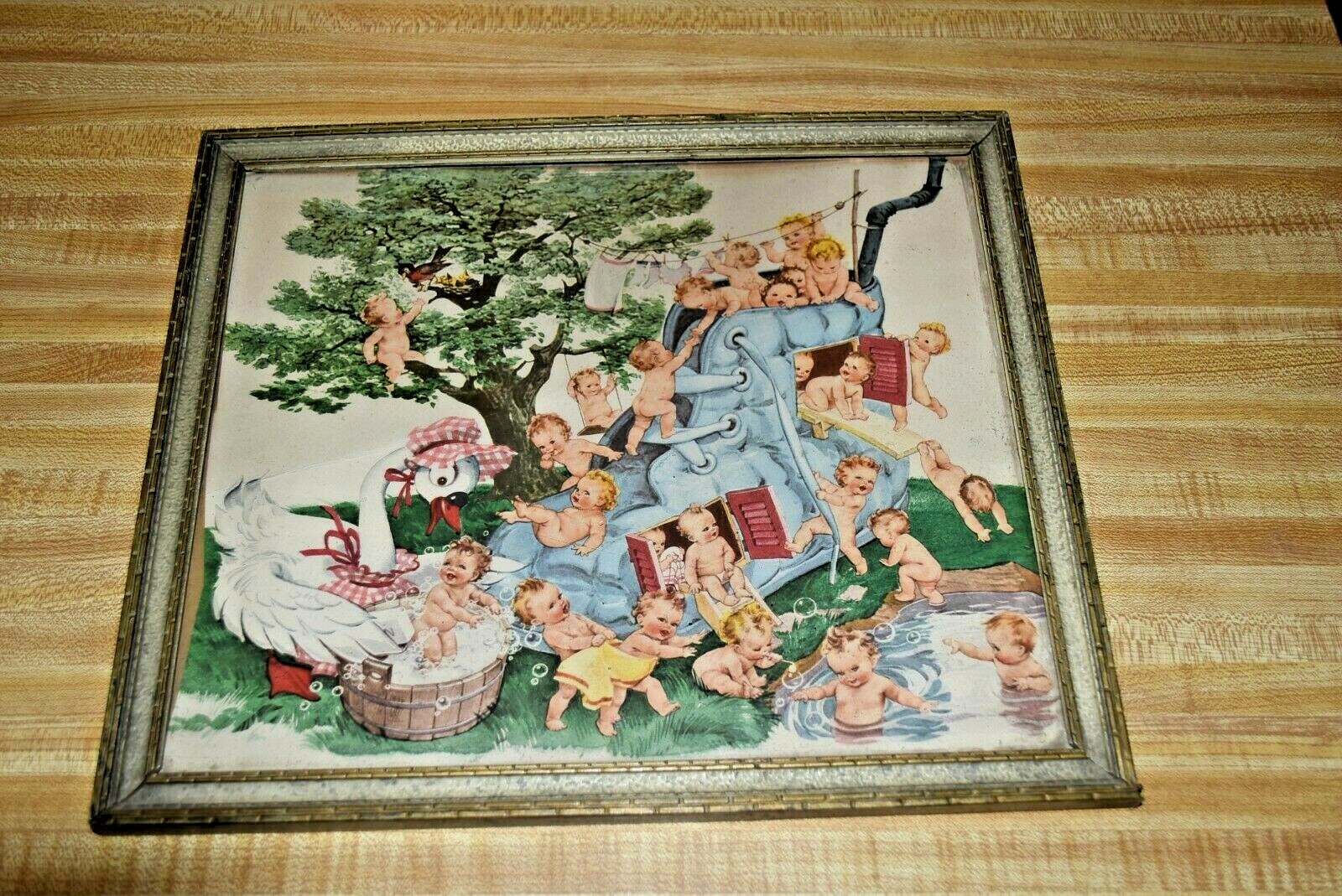 VINTAGE Mother Goose Wooden FRAMED 13″ x 11 1/4″ PICTURE Old Woman in Shoe EUC