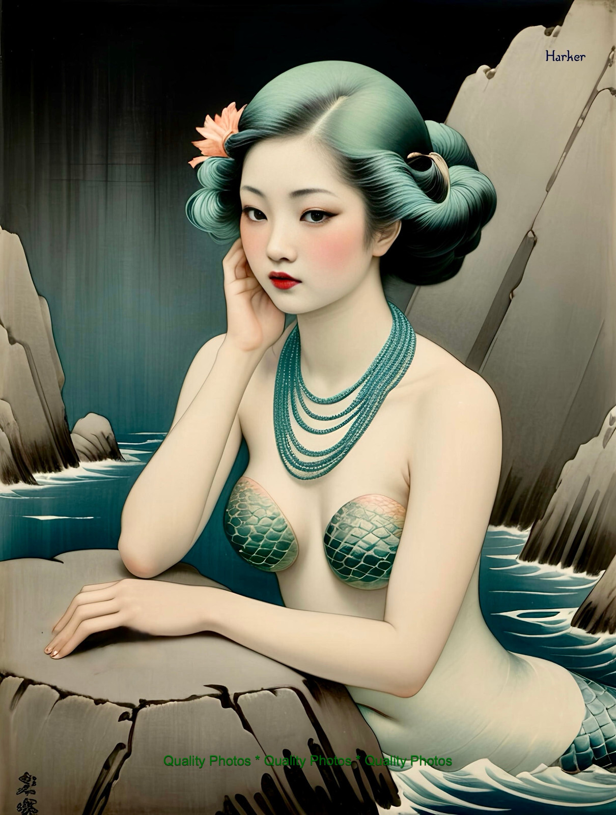 Japanese Mermaid with Necklace 8.5×11″ Photo Print Style Ohara Koson/ Harker Art