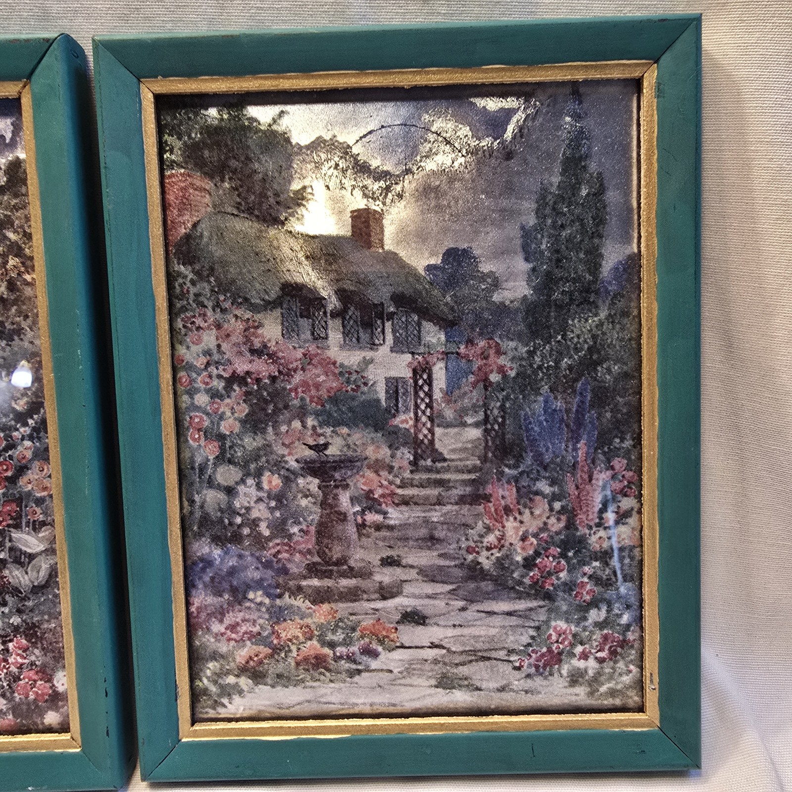 Vintage Lot of 2 Framed Foil Art Prints English Cottage Garden Scenes Teal Gold