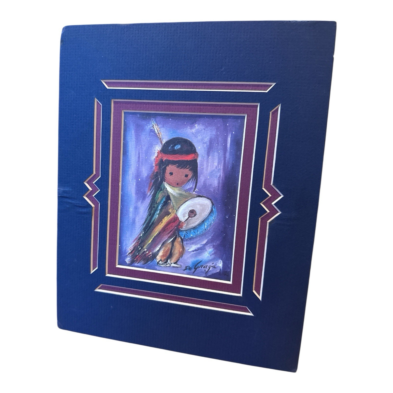 Vintage Ted DeGrazia 1970s Framed Art Print Pima Little Drummer Boy Signed