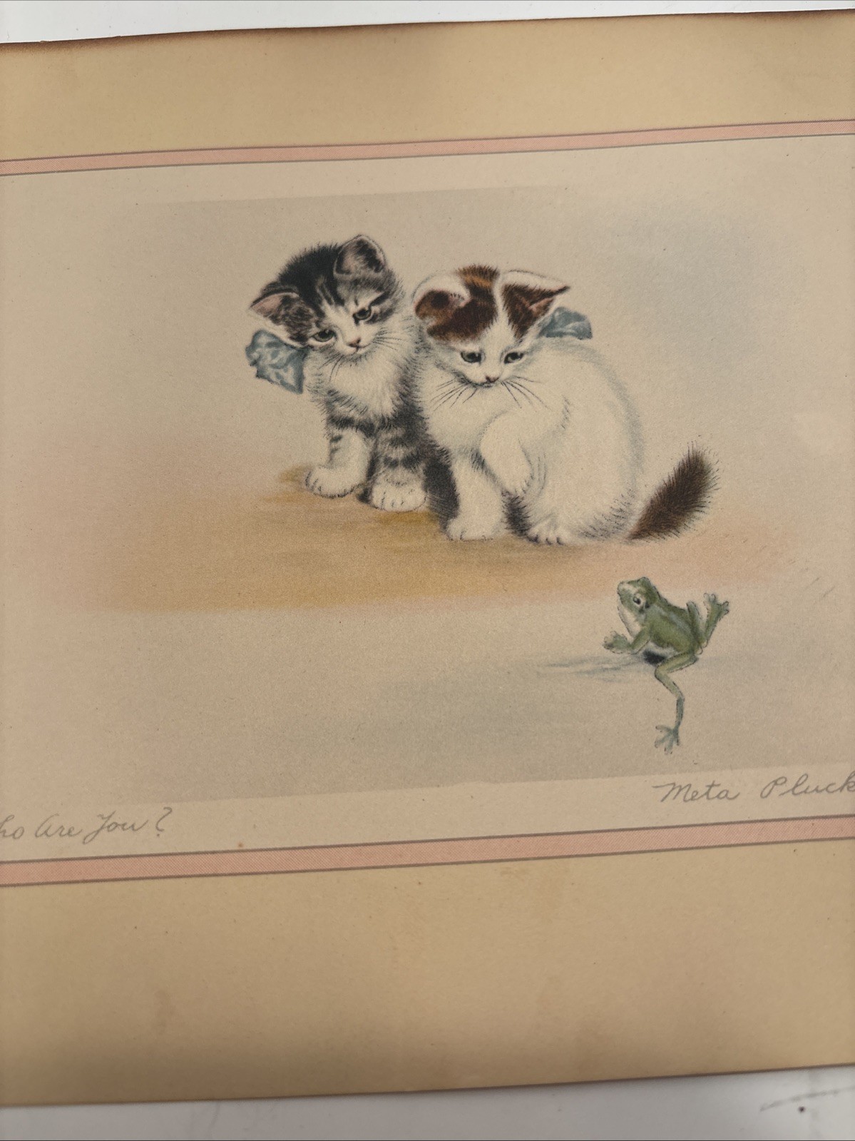 Meta Pluckebaum Signed Kitten “Fluff” Vintage Framed Litho 1920s 9 x7 In