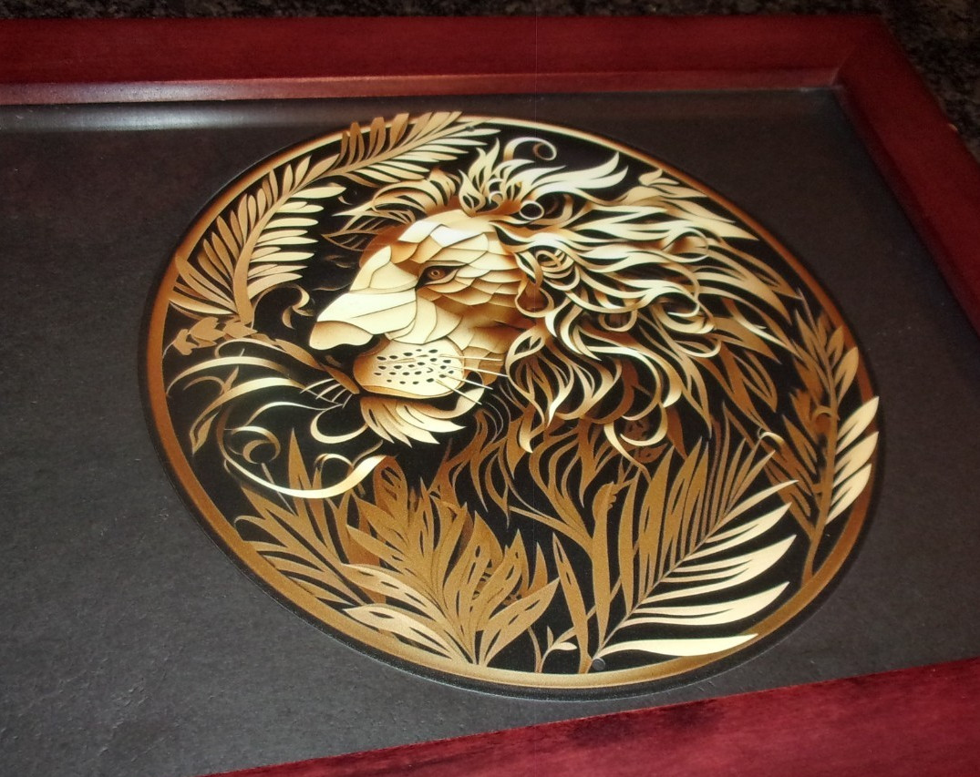 GOLDEN LION HEAD METAL PLAQUE – 3D MODERN ART – WOOD FRAMED – 13″ x 10.75″