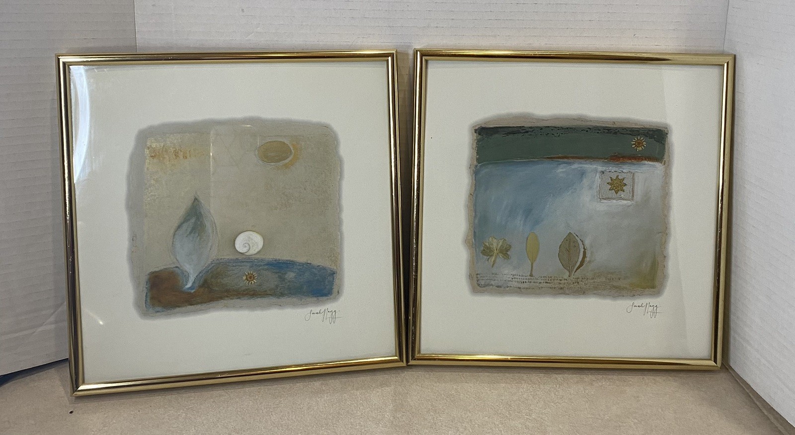Two Sarah Nagg Abstract Art Soon Moon Earth Leaf Flower Wall 10×10” Litho Prints