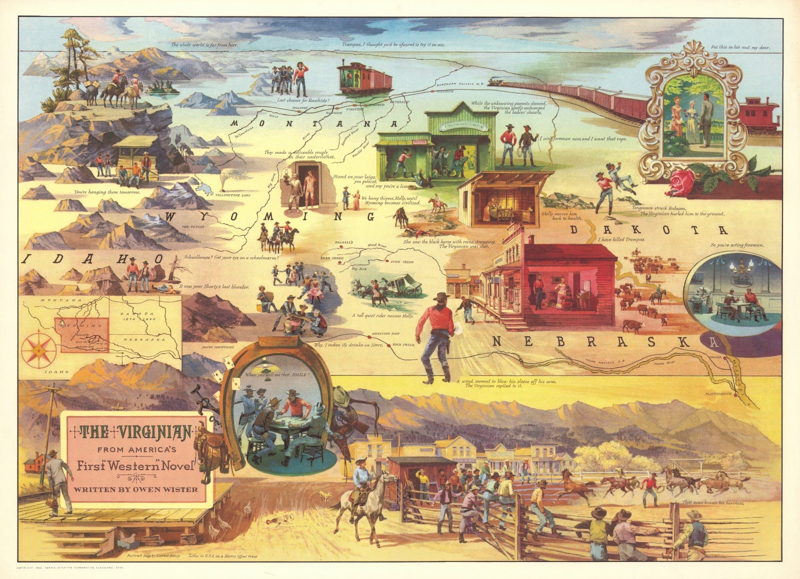 1930s The Virginian Pictorial Map Everett Henry Owen Western Cowboy Poster Print