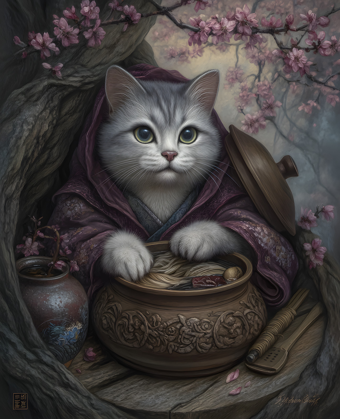 8×10 Cat Sitting In Pot With Purple Robe Art Print Wall Decor – 487838314