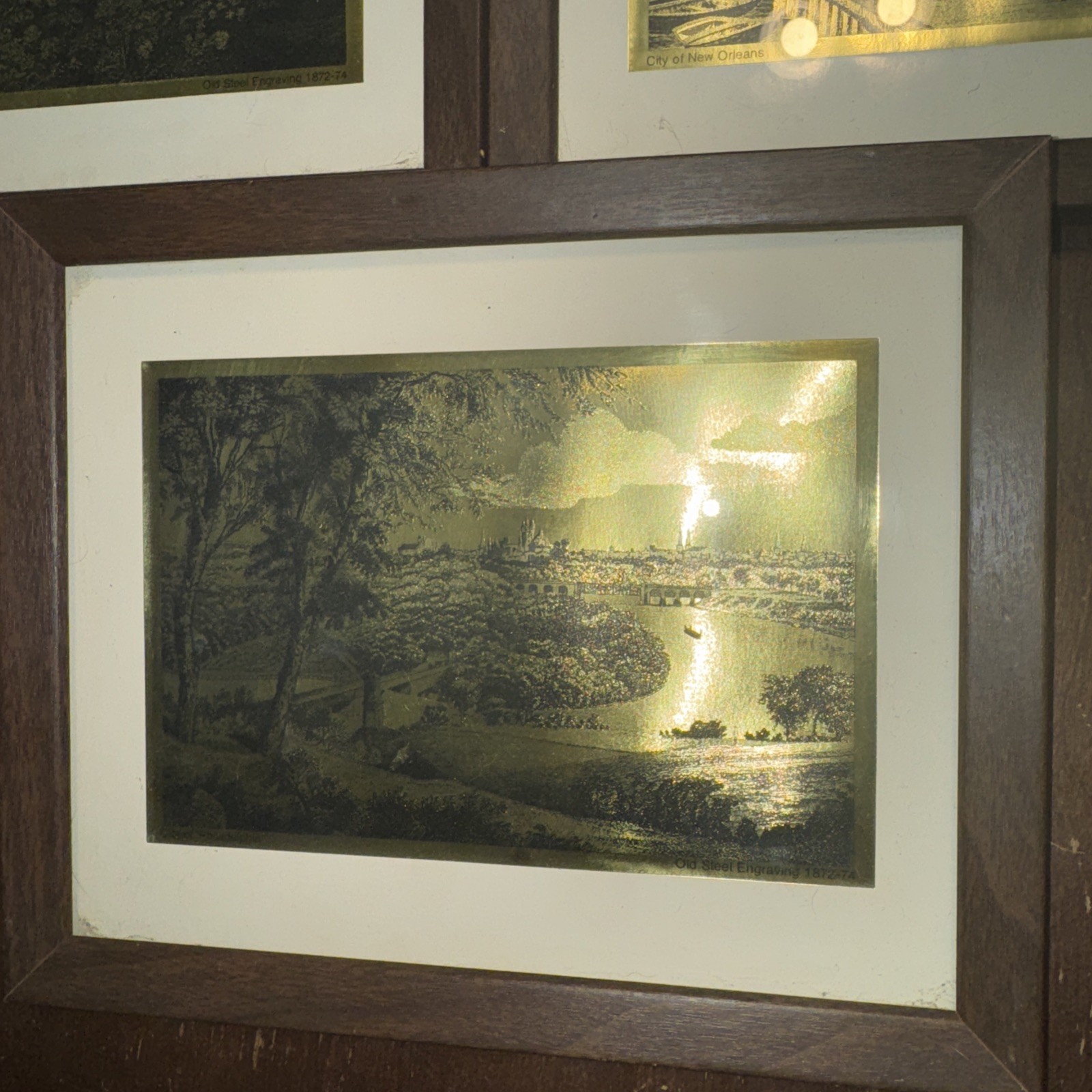 Set of 3 Old Steel Engraving City Prints Etched Gold Foil Prints – Framed 9×11”