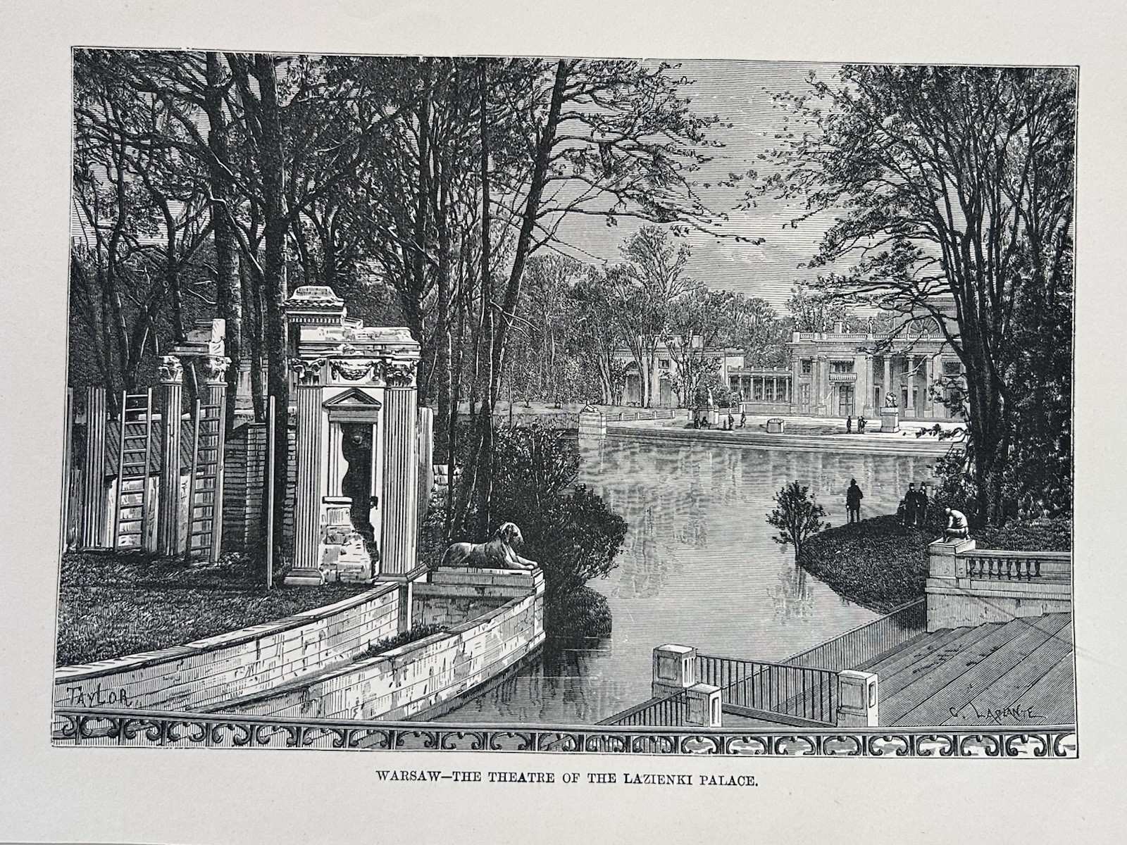 1880 View Of Łazienki Park in Warsaw, Poland Original Antique Print