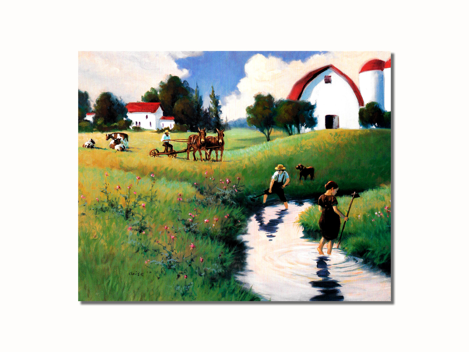 Amish Family Farm Barn Horses Cows Stream Wall Picture 8×10 Art Print
