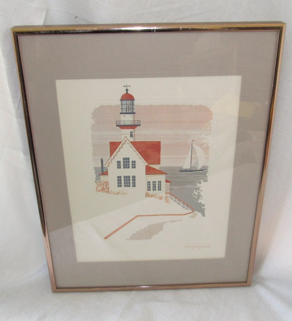 Vtg. Harry Wysocki Lighthouse Embossed Coastal Print Framed 1980’s Nautical Art