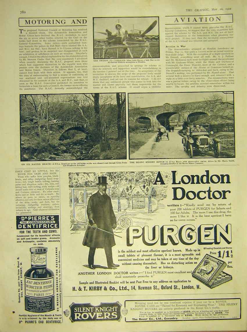 Original Old Antique Print Motor-Car Valkyrie Meeze Aeroplane Argyll Rover 1911