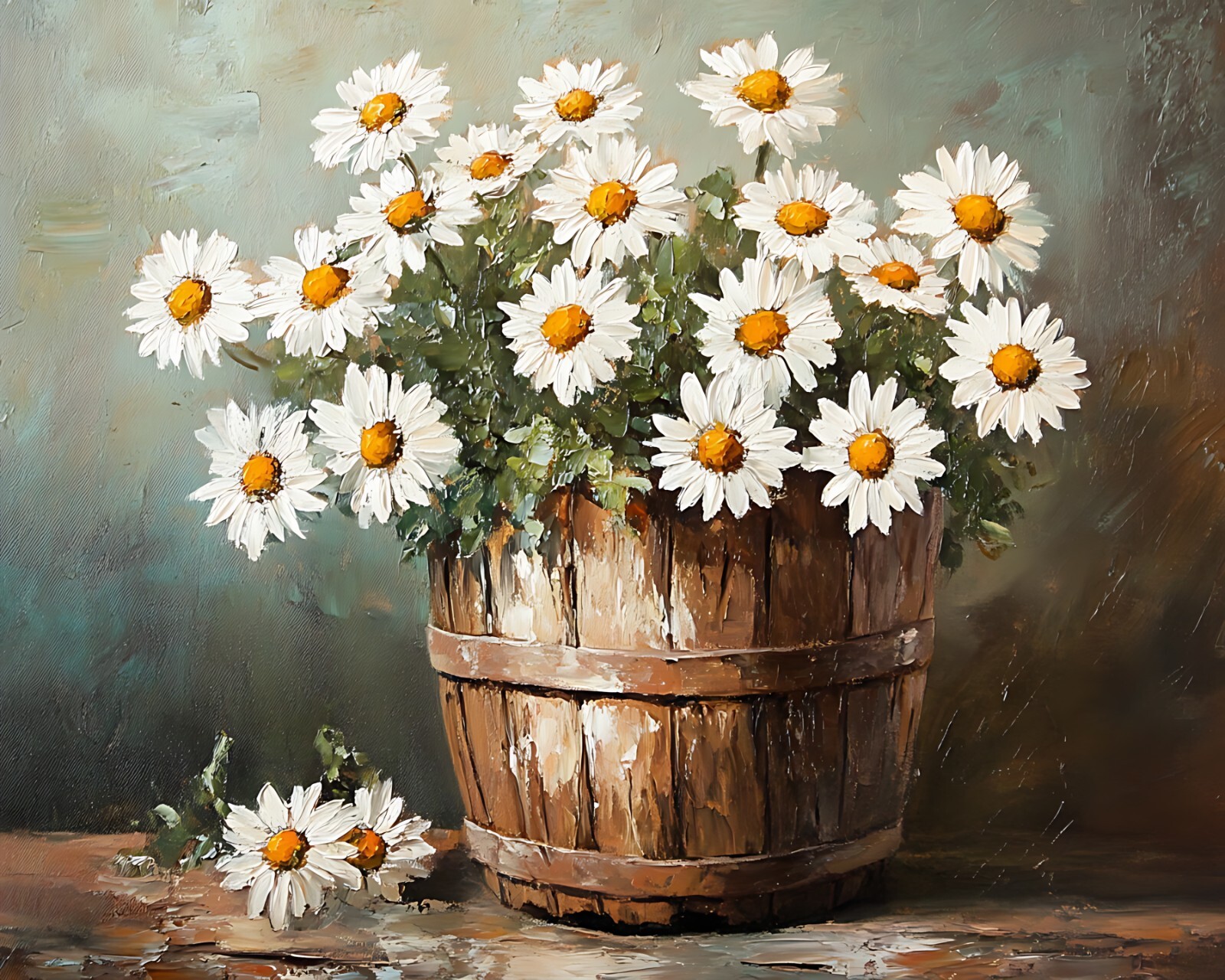 Rustic wooden pot with daisies oil painting 8×10 Print