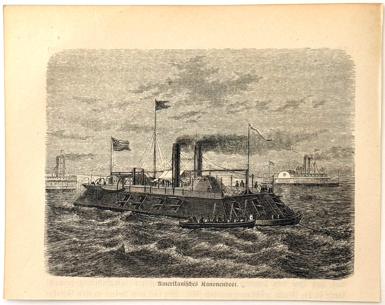 1867 Civil War American Gunboat Wood Engraving Ironclad Ship Naval Steamer