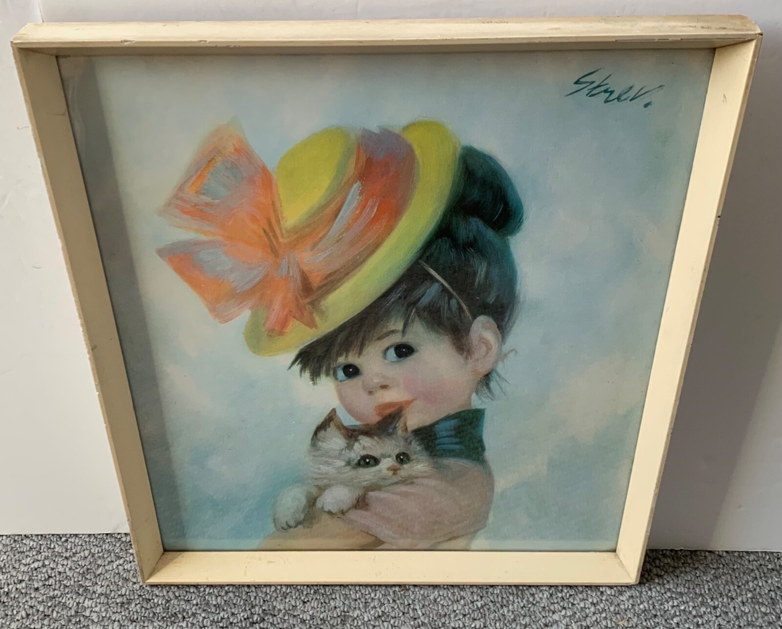 VINTAGE STREV MID CENTURY FRAMED PRINT HARRIET 1960’S JOHN STREVENS GIRL CAT HAT