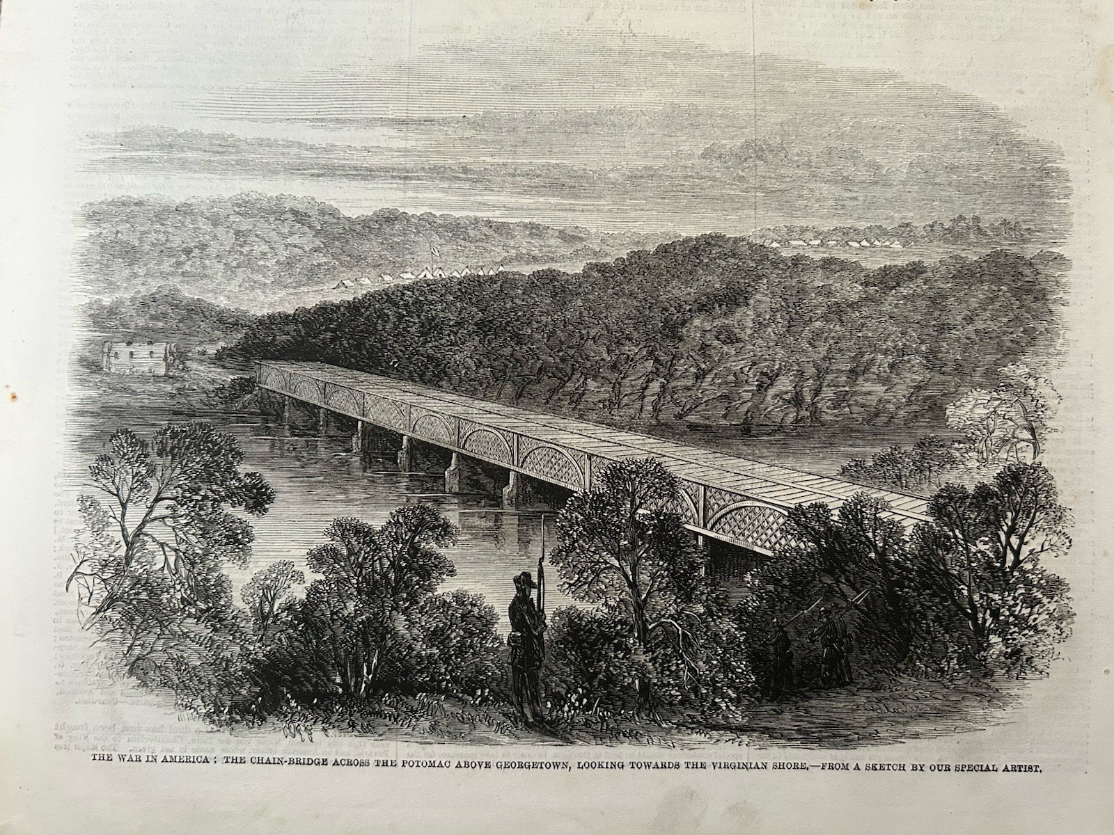 Antique Print Civil War Chain Bridge Washington 1861 Illustrated London News