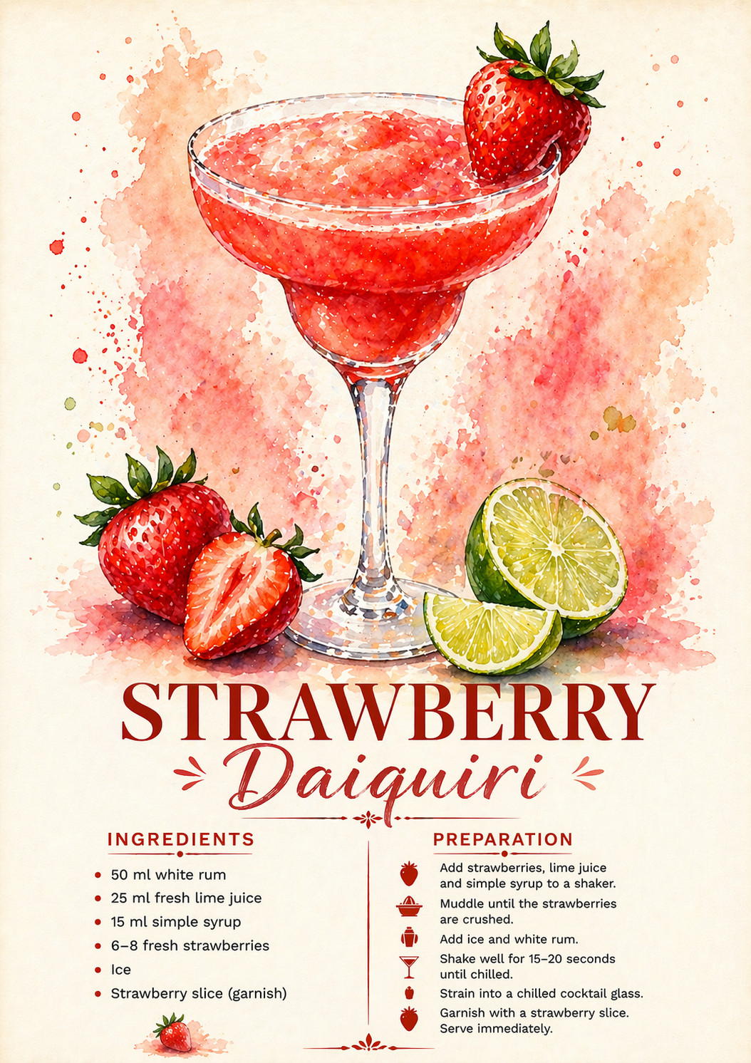 Strawberry Daiquiri Wall Art A4 Print Cocktail Poster Kitchen Bar Art Decor
