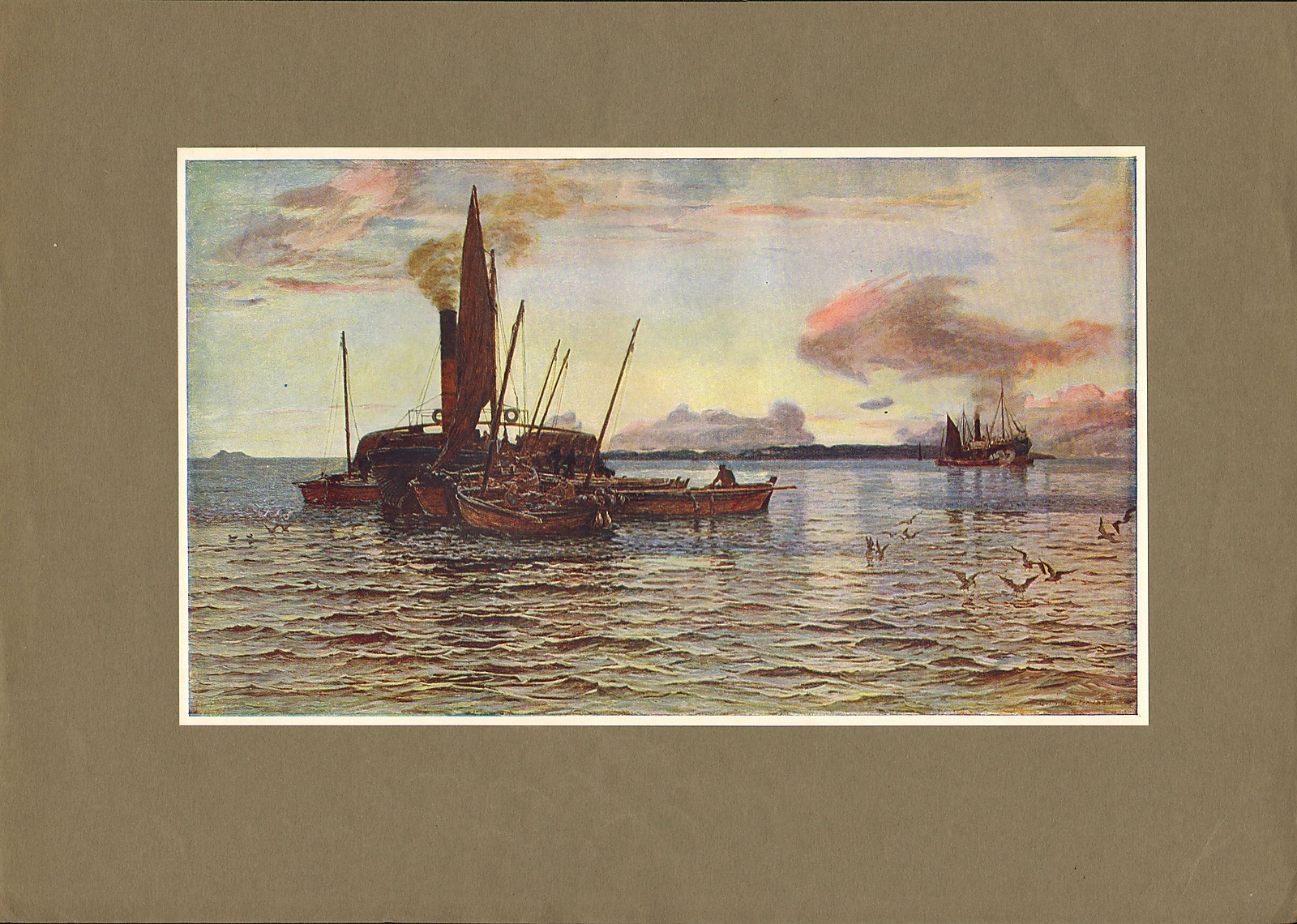 original 1902 colour print titled ” the herring market at sea ” by colin hunter