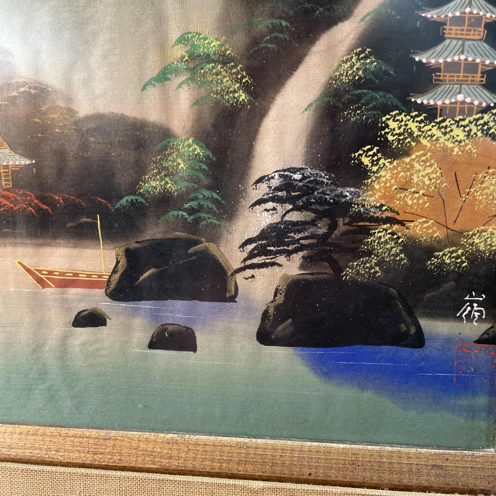 VINTAGE HAND PAINTED ON SILK?Waterfall Pagoda SIGNED Framed 17.5”x15.5”