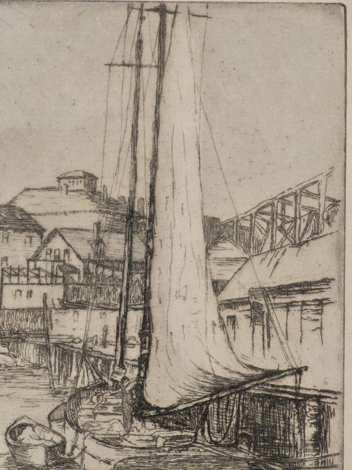 Bertha E. Jaques (1863-1941) HARBOR SCENE SEASCAPE NAUTICAL BOATS ETCHING