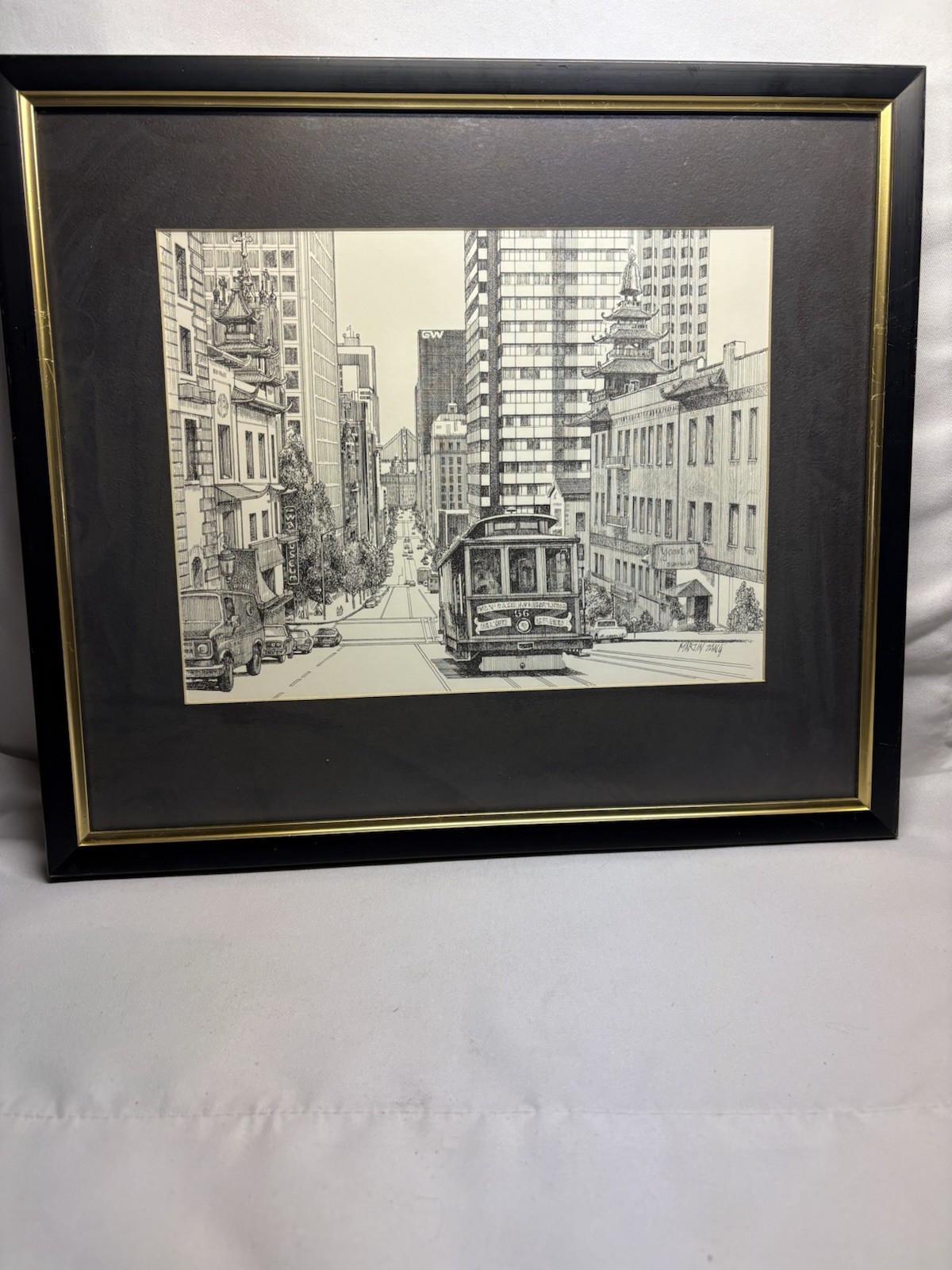 Martin Tang San Francisco Trolley Scene. Signed & Framed 14.75″ x 11.75″