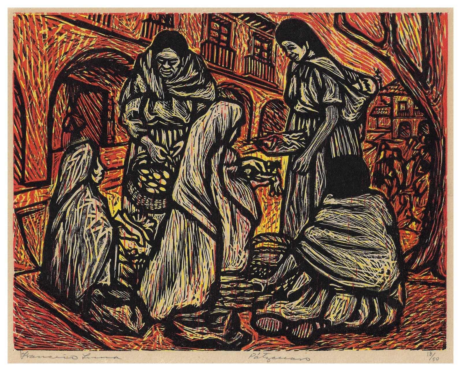 Signed Original FRANCISCO LUNA Limited Edition Color Woodcut Print “El Trueque”