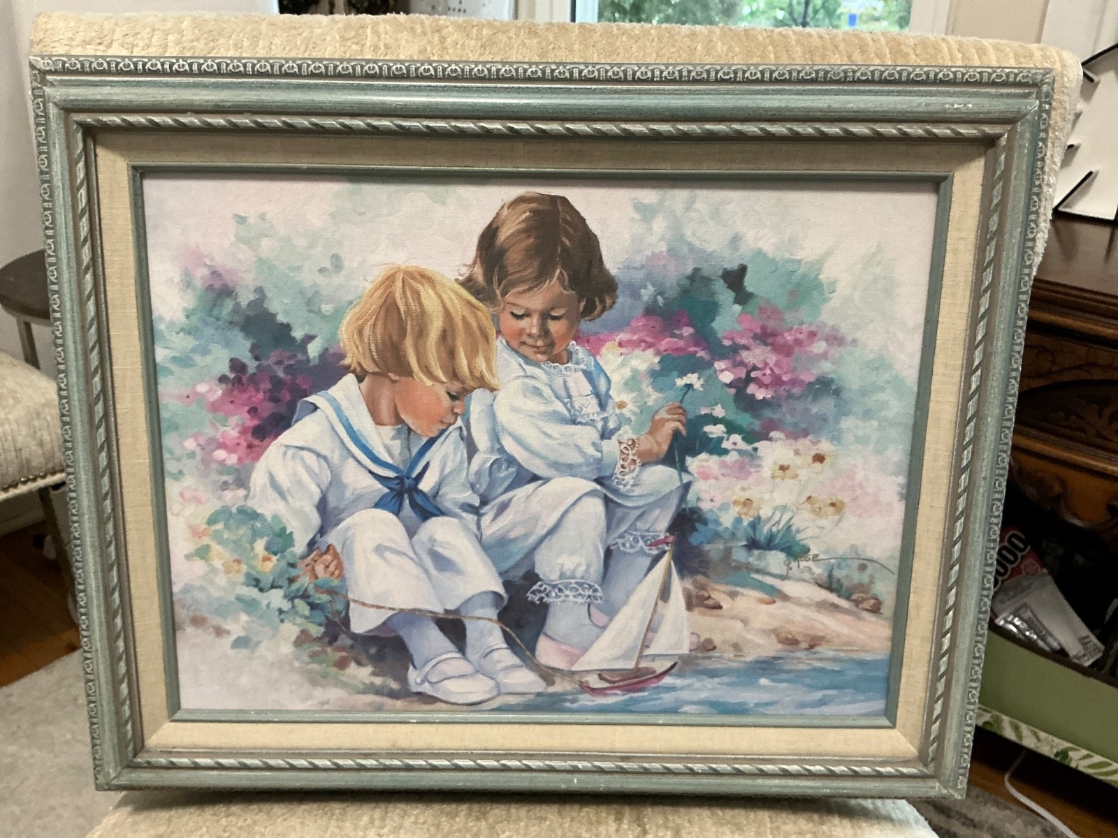 Vintage G. Rose Art On Canvas Of Boy & Girl Playing with Paper Sailboat